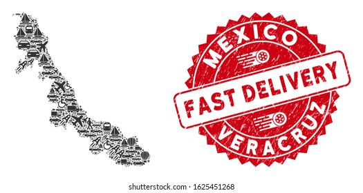 Delivery collage Veracruz State map and corroded stamp seal with FAST DELIVERY words. Veracruz State map collage formed with gray scattered automobile symbols.