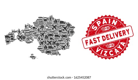 Delivery collage Vizcaya Province map and corroded stamp watermark with FAST DELIVERY caption. Vizcaya Province map collage composed with grey scattered deliver elements.