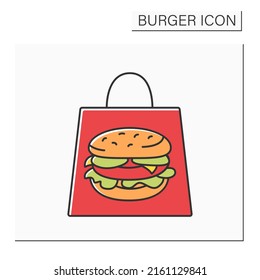 Delivery color icon. Tasty burger inside packet. Fast delivery from cafe. Unhealthy food. Fast food concept. Isolated vector illustration