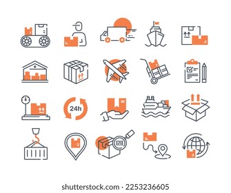 Delivery color icons set. Online shopping and home delivery, transportation and logistics. Airplane, ship, truck and scooter, courier. Cartoon flat vector illustrations isolated on white background