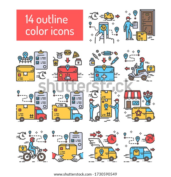 Delivery color line icons set. Freight\
transport. Express shipping. Courier services. Signs for web page,\
app. UI UX GUI design element. Editable\
stroke
