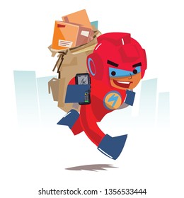 Delivery comic hero running with parcel boxes on his back- vector illustration