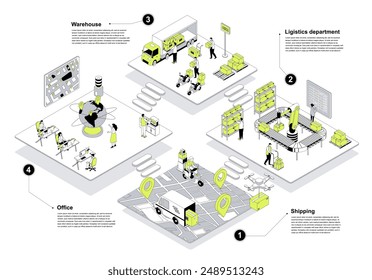 Delivery company 3d isometric concept in outline design for web. People working in isometry rooms in office, shipping and logistics departments, loading parcels in warehouse. Vector illustration.