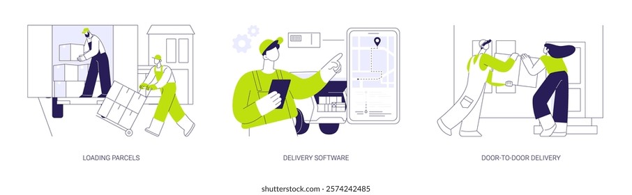 Delivery company abstract concept vector illustration set. Loading parcels in truck, delivery smartphone app software, door-to-door express shipment, receive order, courier service abstract metaphor.