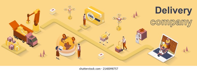 Delivery company concept 3d isometric web banner. People loading, deliver and distribute parcels, couriers and drones carrying orders. Vector illustration for landing page and web template design