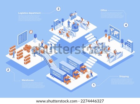 Delivery company concept 3d isometric web scene with infographic. People work in logistics department, workers loading boxes in warehouse for shipping. Vector illustration in isometry graphic design