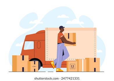 Concepto de empresa de entrega. Hombre con cajas de cartón cerca de un camión. Importación y exportación de mercancías. Mensajero con paquete. Logística y transporte, transporte. Ilustración vectorial plana de dibujos animados