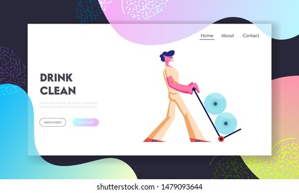 Delivery Company Employee Website Landing Page. Worker Male Character Wearing Uniform Pushing Trolley with Plastic Bottles of Drinking Clean Water Web Page Banner. Cartoon Flat Vector Illustration