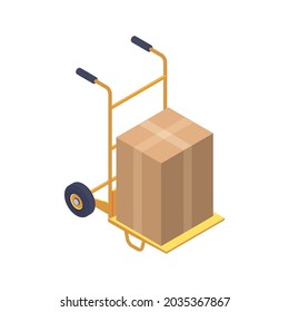 Delivery company isometric icon with cardboard box on yellow trolley 3d vector illustration