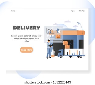Delivery company landing page template. Vector illustration of warehouse, delivery truck, parcels, statistics bar graphs, worker. Delivery and logistics concept for website and mobile site development