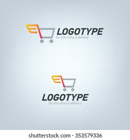 Delivery company logo. Wings logotype. Shopping cart icon.