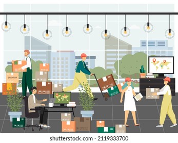 Delivery company office, flat vector illustration. Manager, loader, courier with parcel, box. Cargo shipment, logistics.