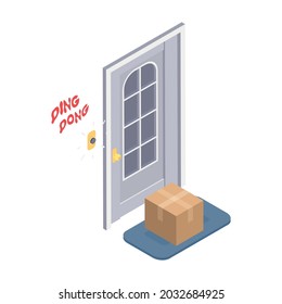 Delivery company service isometric icon with delivered goods in front of door 3d vector illustration