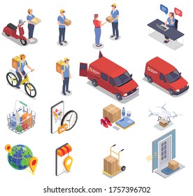 Delivery company set with isometric service icons images of products vans and people on blank background vector illustration