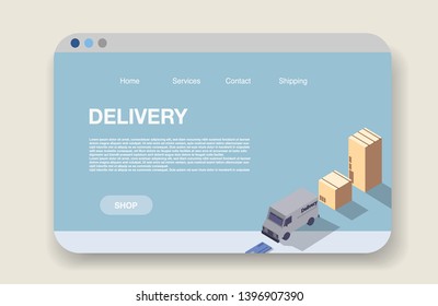 Delivery company web page landing mockup. Vector illustration. Template for a website. Transportation.