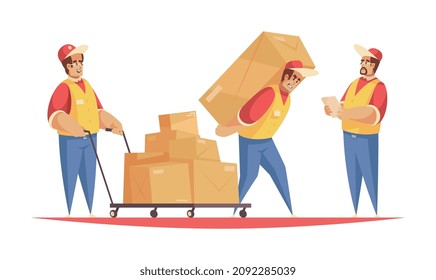 Composición de entrega con caracteres de doodle de los trabajadores con cajas de cartón unificadas ilustración vectorial