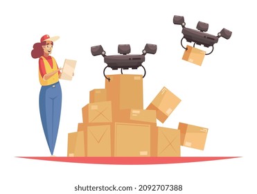 Delivery composition with female logistics worker in uniform with flying drones carrying boxes vector illustration