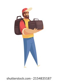 Composición de entrega con estilo de doodle aislado carácter humano del trabajador de servicios con ilustración de vectores de bolsas