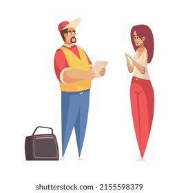 Delivery composition with isolated doodle style human characters of service worker with client vector illustration
