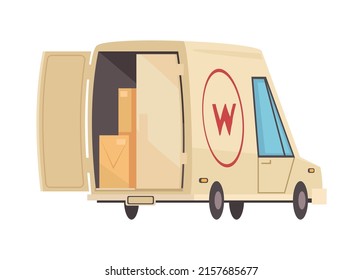 Delivery composition with isolated image of shipping van with open door and parcels vector illustration