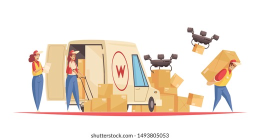 Delivery composition with postal service employees doodle characters with van and quadcopter drones shipping parcel boxes vector illustration