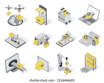 Concepto de entrega 3d iconos isométricos establecidos. Empaquetar elementos de drones voladores, envío global, compras en línea, aplicación de seguimiento, envío, almacén y otros. Ilustración vectorial en diseño isométrico moderno