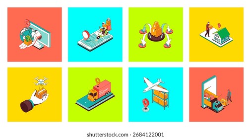 Delivery concept of 3d isometric icons set. Pack with global logistics with warehouse, truck transportation, food delivering with drones and couriers, tracking parcels in app. Vector illustration