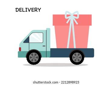 Concepto de entrega. Coche con caja de regalo. Estilo plano. Ilustración del vector 