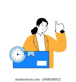 Delivery concept with cartoon people in flat design for web. Woman sending cardboard box parcel and waiting for shipping in time. Vector illustration for social media banner, marketing material.