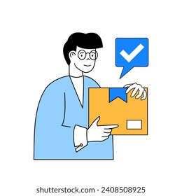 Delivery concept with cartoon people in flat design for web. Man using parcel shipping and receiving cardboard box at post company. Vector illustration for social media banner, marketing material.