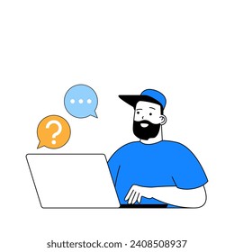 Concepto de entrega con caricaturas en diseño plano para web. El hombre trabaja en el apoyo de los clientes de la compañía logística, respondiendo al chat de los clientes. Ilustración vectorial para banner de medios sociales, material de marketing.