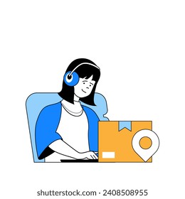 Delivery concept with cartoon people in flat design for web. Woman waiting parcel shipping and tracking package location with laptop. Vector illustration for social media banner, marketing material.