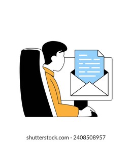 Delivery concept with cartoon people in flat design for web. Man works in client support, answering clients online and sending emails. Vector illustration for social media banner, marketing material.