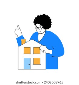 Delivery concept with cartoon people in flat design for web. Woman moving in new house and using cargo transportation service. Vector illustration for social media banner, marketing material.