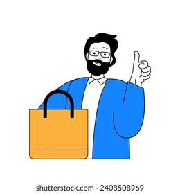 Delivery concept with cartoon people in flat design for web. Man shopping and ordering goods in cardboard bags, using shipment service. Vector illustration for social media banner, marketing material.