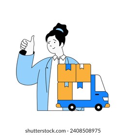 Delivery concept with cartoon people in flat design for web. Woman works in logistics company with trucks carry parcels to warehouse. Vector illustration for social media banner, marketing material.