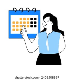 Delivery concept with cartoon people in flat design for web. Woman sending parcel and waiting shipment time to adress with calendar. Vector illustration for social media banner, marketing material.