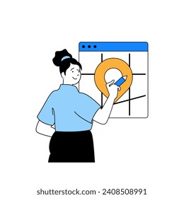 Delivery concept with cartoon people in flat design for web. Woman using parcel shipping with tracking courier route at online map. Vector illustration for social media banner, marketing material.