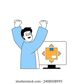 Delivery concept with cartoon people in flat design for web. Man packaging new parcel in box and searching postal rules info online. Vector illustration for social media banner, marketing material.