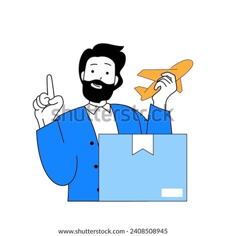 Delivery concept with cartoon people in flat design for web. Man packaging new parcel and sending box with global airmail service. Vector illustration for social media banner, marketing material.