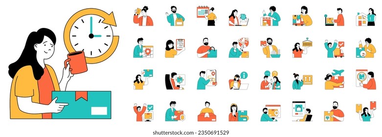 Delivery concept with character situations mega set. Bundle of scenes people wait parcels delivering, send letters, courier shipping, transportation and other. Vector illustrations in flat web design