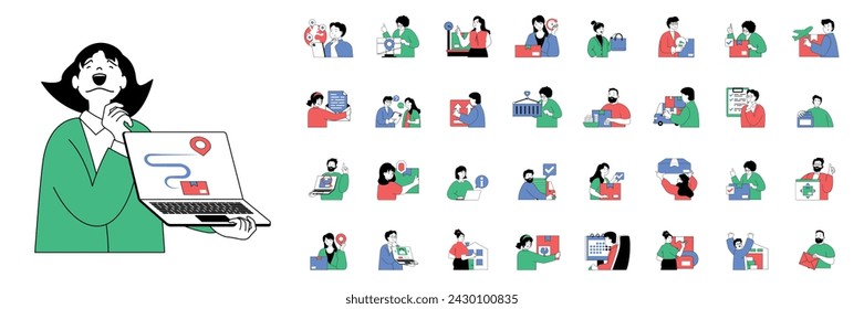 Delivery concept with character situations mega set in flat web design. Bundle of scenes people using global logistic service, tracking parcel route map, using courier shipping. Vector illustrations.