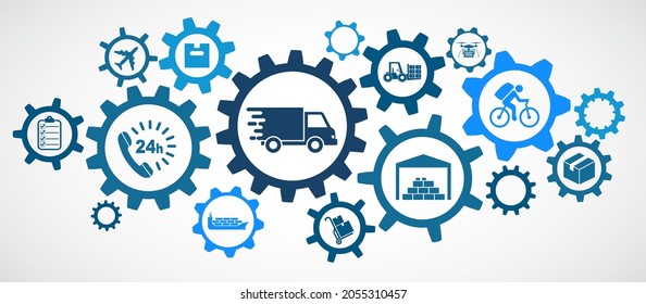 Lieferkonzept mit verbundenen Logistik- und Lieferketten-Symbolen, Import, Export, Lagerverwaltung, internationalem Freihandel, Vertriebs- und Versandzeichen - Vektorgrafik