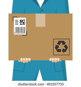 Delivery concept. Courier in blue uniform holding in hand cardboard box. Vector illustration flat design. Man of shipping service. Delivery package.