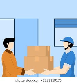 Delivery concept, Courier delivers orders delivered in boxes to customers. The person receiving the cardboard package. Delivery with parcel of goods from the postal service. Flat vector illustration