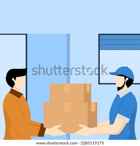 Delivery concept, Courier delivers orders delivered in boxes to customers. The person receiving the cardboard package. Delivery with parcel of goods from the postal service. Flat vector illustration