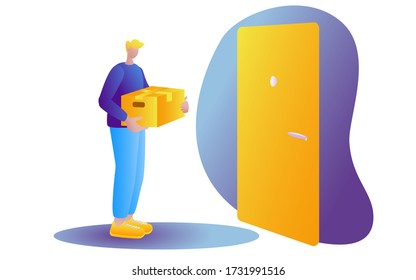 Delivery concept. Courier holds box while standing at the door. Flat design style. Bright Stock vector cartoon illustrations isolated on white background. 