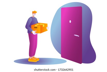Delivery concept. Courier in a protective mask and gloves, holds a box, standing at the door. For advertising, posters, banners, website. Stock vector cartoon illustration isolated on white background