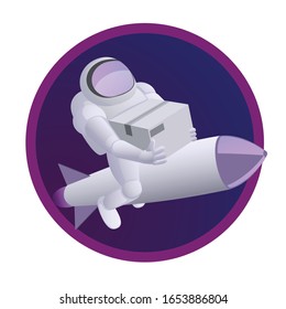 Delivery concept, depicted astronauts with the box flying on a rocket, shipping cargo to space,vector illustration