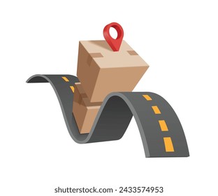 delivery concept for design ,stacked parcel boxes with location markers for delivery to customers are running along a curved road, vector 3d isolated on white background for advertising design